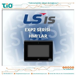 LS eXP2 Serisi HMI panel, endüstriyel kontrol panosuna montajlı, açık ekranda kullanıcı arayüzü görüntüleniyor.