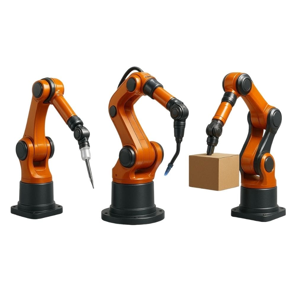 Endüstriyel robotlar, medical robot, kaynak robotu ve paketleme robotu tiplerini gösteren 3D robot mekanizması