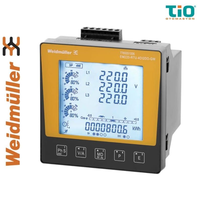 Weidmüller EM220-RTU-4DI2DO-GW enerji analizörü Modbus TCP/IP ve Gateway destekli pano tipi enerji ölçer