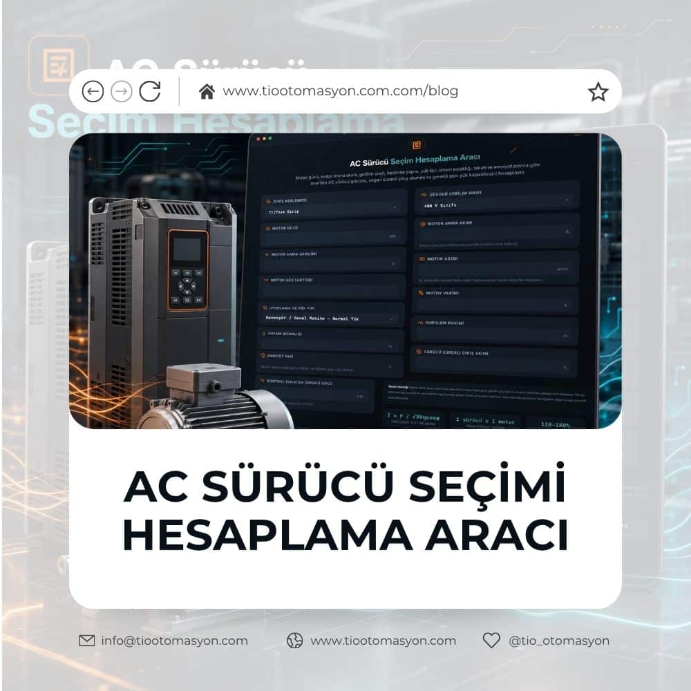 AC sürücü seçim hesaplama aracı, elektrik motoru ve endüstriyel sürücü bulunan teknik kapak görseli