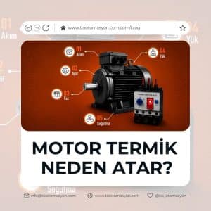 Motor termik neden atar sorusuna yönelik; akım, termik ayarı, faz, mekanik yük ve soğutma kontrollerini gösteren elektrik motoru ve termik röle görseli.