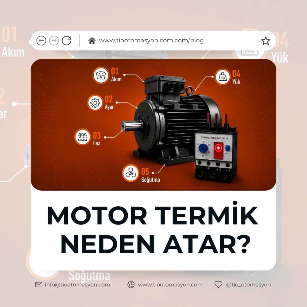 Motor termik neden atar sorusuna yönelik; akım, termik ayarı, faz, mekanik yük ve soğutma kontrollerini gösteren elektrik motoru ve termik röle görseli.