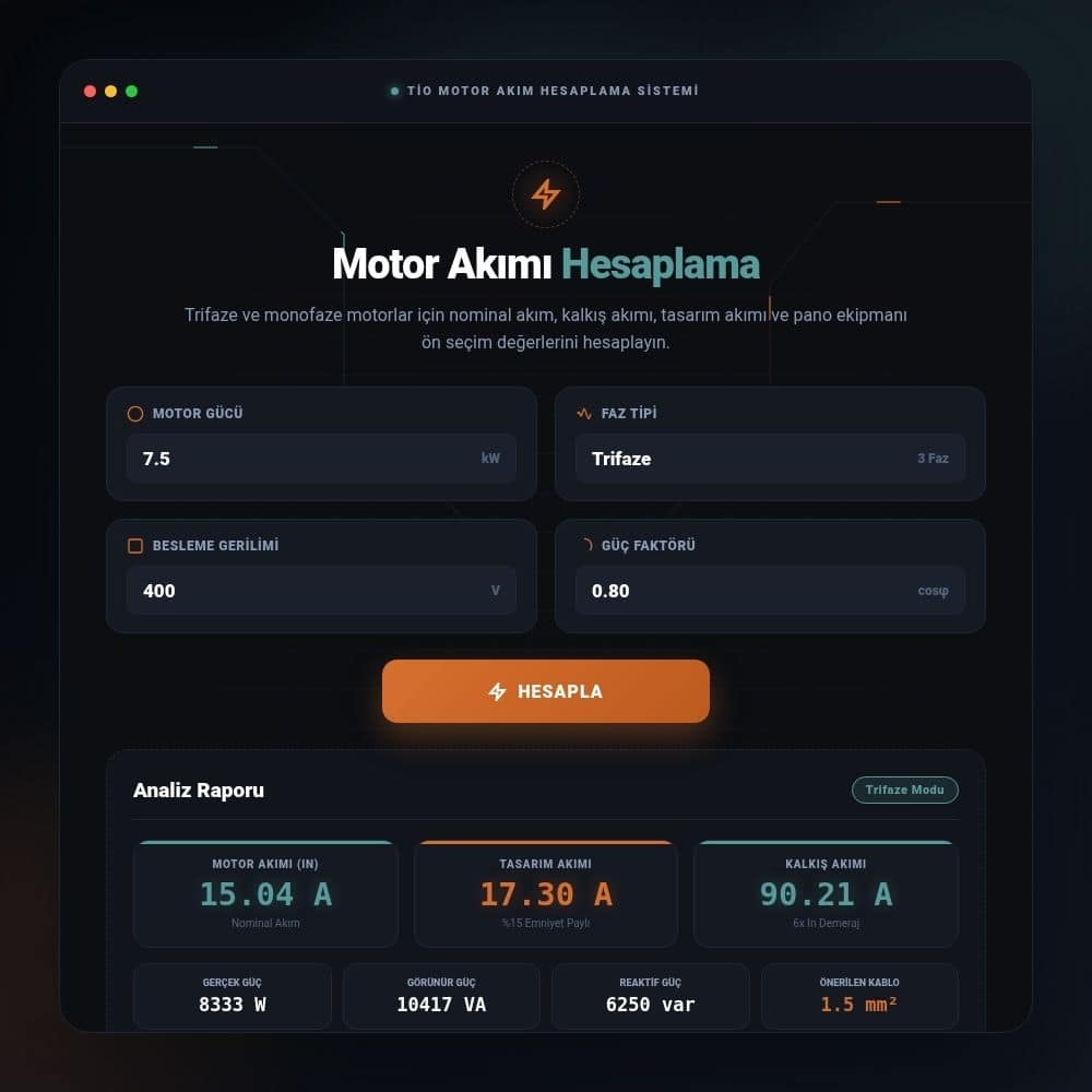 Motor akımı hesaplama aracı ekran görüntüsü