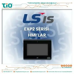 LS eXP2 Serisi HMI panel, endüstriyel kontrol panosuna montajlı, açık ekranda kullanıcı arayüzü görüntüleniyor.